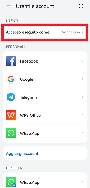 pagina utenti e account delle impostazioni di android con la voce accesso eseguito come che è evidenziato in rosso