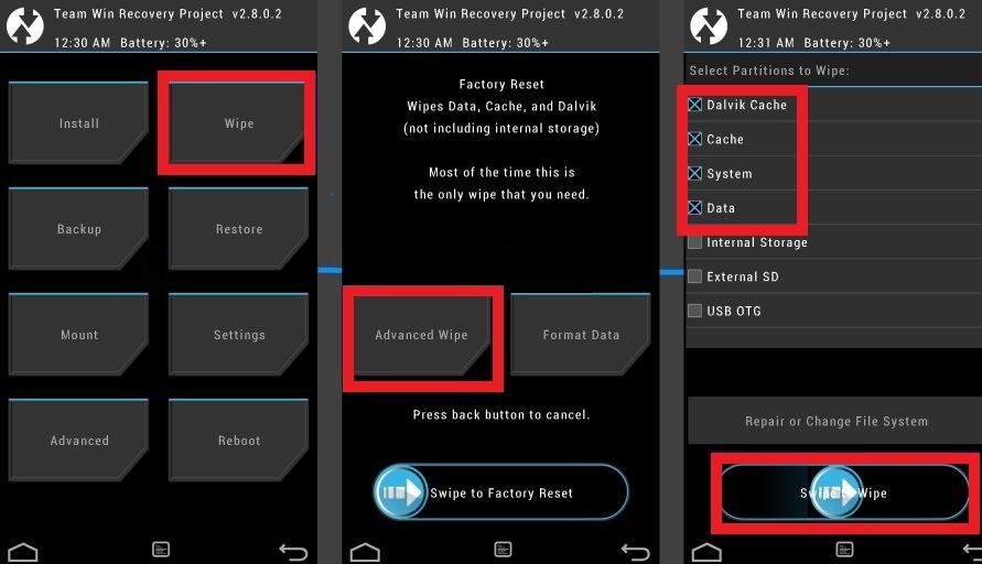 passaggi evidenziati della team recovery project con selezionati i pulsanti wipe, advanced wipe e le voci dalvik cake, cache, system, data