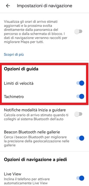 dalle impostazioni di navigazione di google maps, sotto alla sezione opzioni di guida sono attivi gli interruttori di fianco alle voci limite di velocità e tachimetro