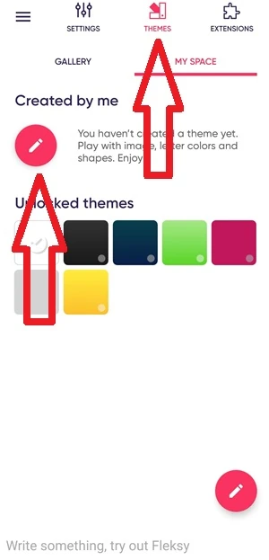 Dalla tastiera Fleksy la voce themes e l'icona con la matita disegnata sono indicate con 2 frecce