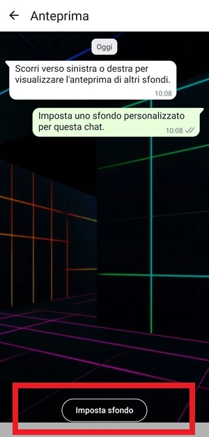 per lo schermo scelto, il pulsante imposta sfondo ha una cornice rossa intorno