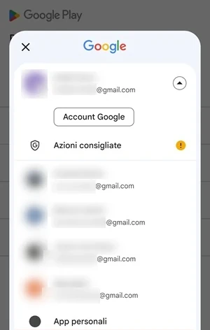 schermata del play store con tutti gli account google registrati