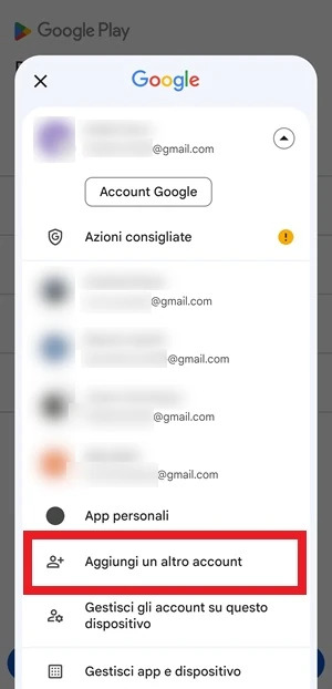 dal play store la aggiunti un altro account è evidenziata con un riquadro in rosso