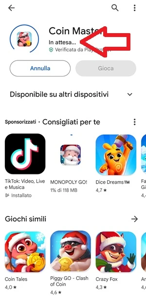 nella pagina di download dell'app coin app del play store una freccia indica la voce in attesa...
