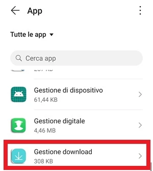 l'app gestione download è selezionata dalla schermata app delle impostazioni di android