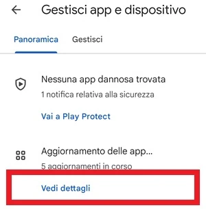 schermata del play store da cui si può accedere ai dettagli delle app da aggiornare