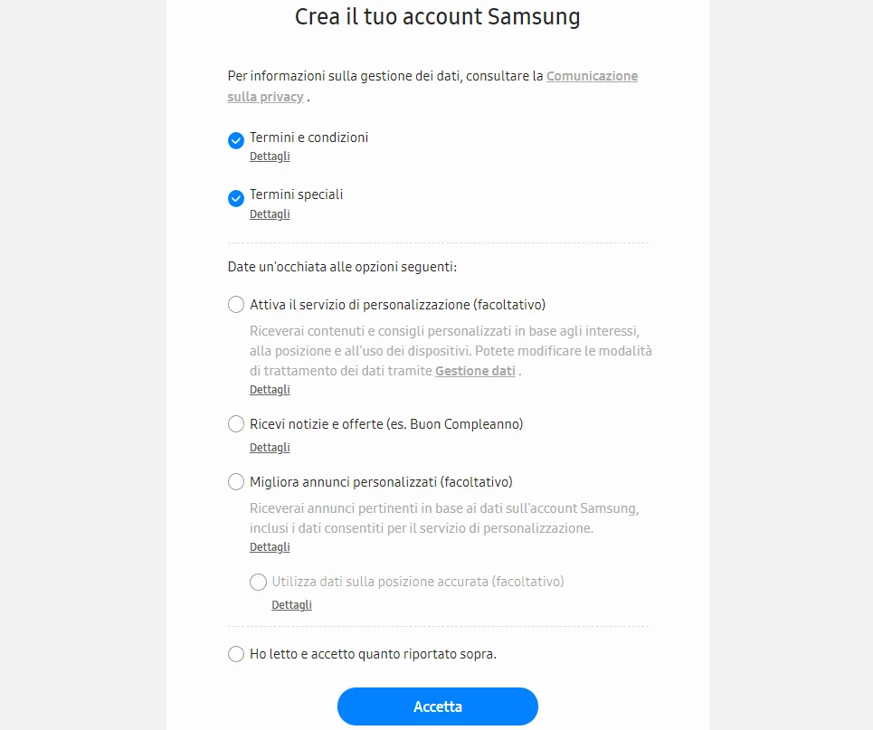 pagina dove creare il proprio account Samsung