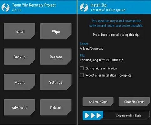 schermata principale della twrp recovery con il file zip da installare