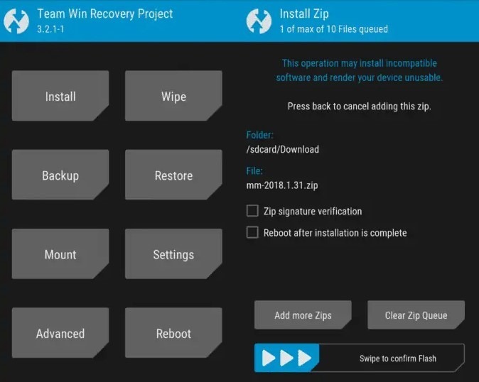schermata della twrp recovery che serve per installare i file in formato zip