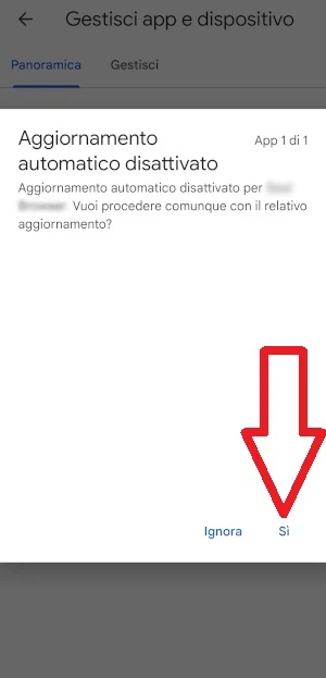 da gestisci app e dispositivo per il messaggio aggiornamento automatico disattivato è indicato Si con una freccia rossa