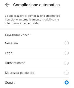 pagina della compilazione automatica da cui è possibile selezionare le app. In questo caso è stato selezionato google