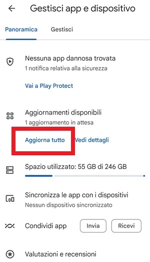 dalla sezione gestisci app e dispositivo sotto la sezione aggiornamenti disponibili, la voce aggiorna tutto è inquadrata in rosso