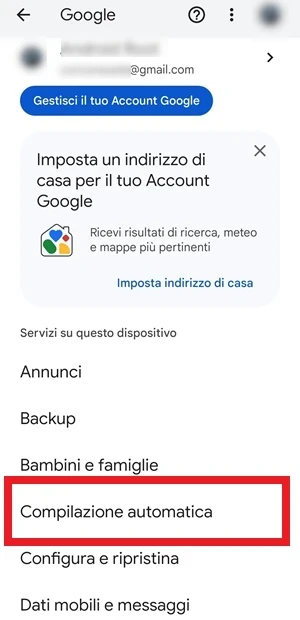 dalla sezione google è selezionato con un riquadro rosso la voce compilazione automatica