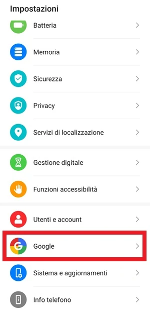 dalle impostazioni la voce google è evidenziata tra le altre con un riquadro nella colorazione rossa