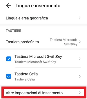 dall'impostazione lingua e inserimento è messa in evidenza con un riquadro rosso intorno la voce altre impostazioni di inserimento