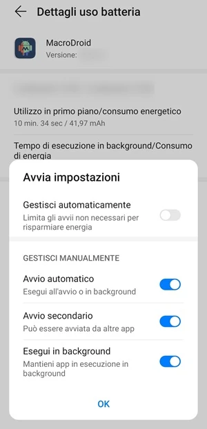 da dettagli uso batteria di macrodroid è impostata manualmente la gestione di avvio automatico, avvio secondario e esegui in background