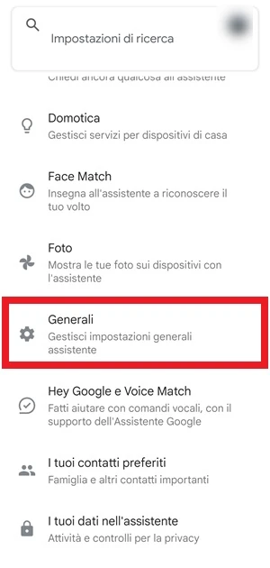 dalle impostazioni di google la voce generali è incorniciata in rosso