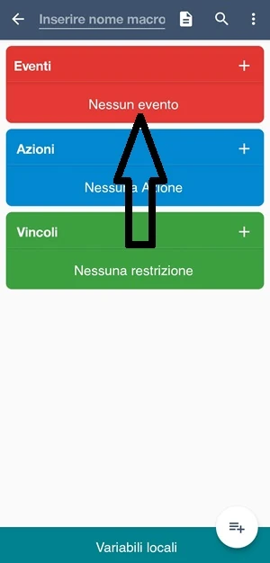 da macrodroid con una freccia nera è indicata la voce eventi