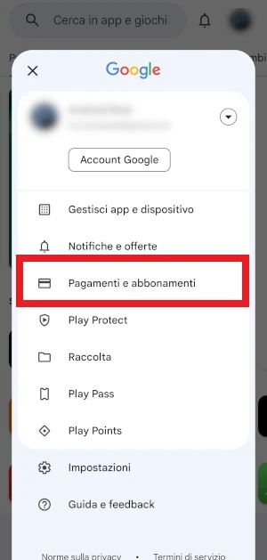 la voce pagamenti e abbonamenti del play store è stata evidenziata con un riquadro rosso per un più facile riconoscimento