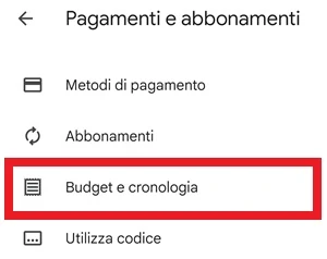 dalla pagina pagamenti e abbonamenti del play store è in risalto la voce budget e cronologia