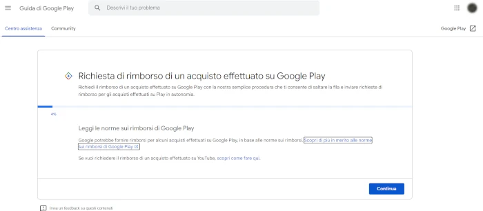 pagina di richiesta rimborso google play store