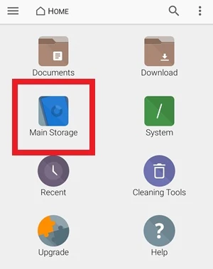 evidenziata con un riquadro rosso l'icona main storage di fx explorer