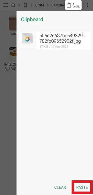 da clipboard di fx expolorer è evidenziata con una cornice rettangolare rossa la voce Paste