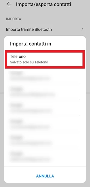 dalla pagina importa contatti in, dalla finestra importa contatti in è evidenziata con un riquadro rosso la voce telefono