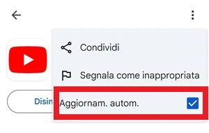 dalla pagina di download di youtube, è in una cornice rossa la voce aggiornam. autom. 