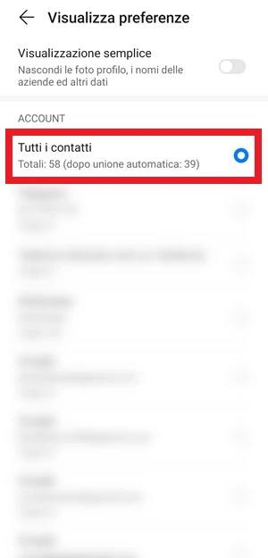 dall'app contatti, nella schermata visualizza preferenze è evidenziata la voce tutti i contatti con una cornice rossa