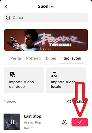 nella schermata suoni di tiktok, una freccia indica il segno di spunta del brano locale selezionato