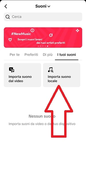 da tiktok nella schermata suoni, una freccia indica il pulsante importa suono locale