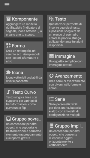 Komponente del widget KWGT con altre voci selezionabili come testo, forma, immagine, icona, avanzamento, testo curvo, gruppo, serie
