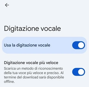 dalla sezione digitazione vocale delle impostazioni della gboard, si vede l'interruttore attivo per usa la digitazione vocale e digitazione vocale più veloce