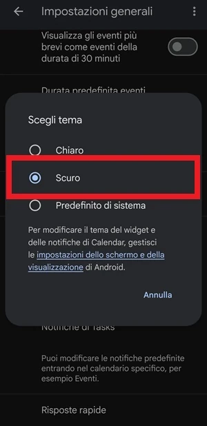 attivazione del tema scuro su google calendar