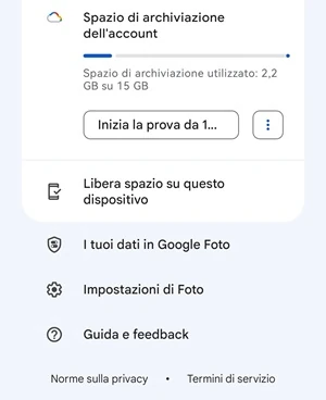 da google foto sotto la voce spazio di archiviazione dell'account è indicato la quantità di memoria utilizzata su quella disponibile
