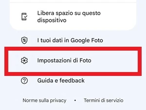 da google foto, la voce impostazioni di foto ha una cornice rossa intorno