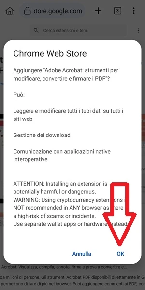 dalla schermata di chrome web store dove viene chiesto se si vuole aggiungere l'estensione, è indicata con una freccia rossa la voce ok