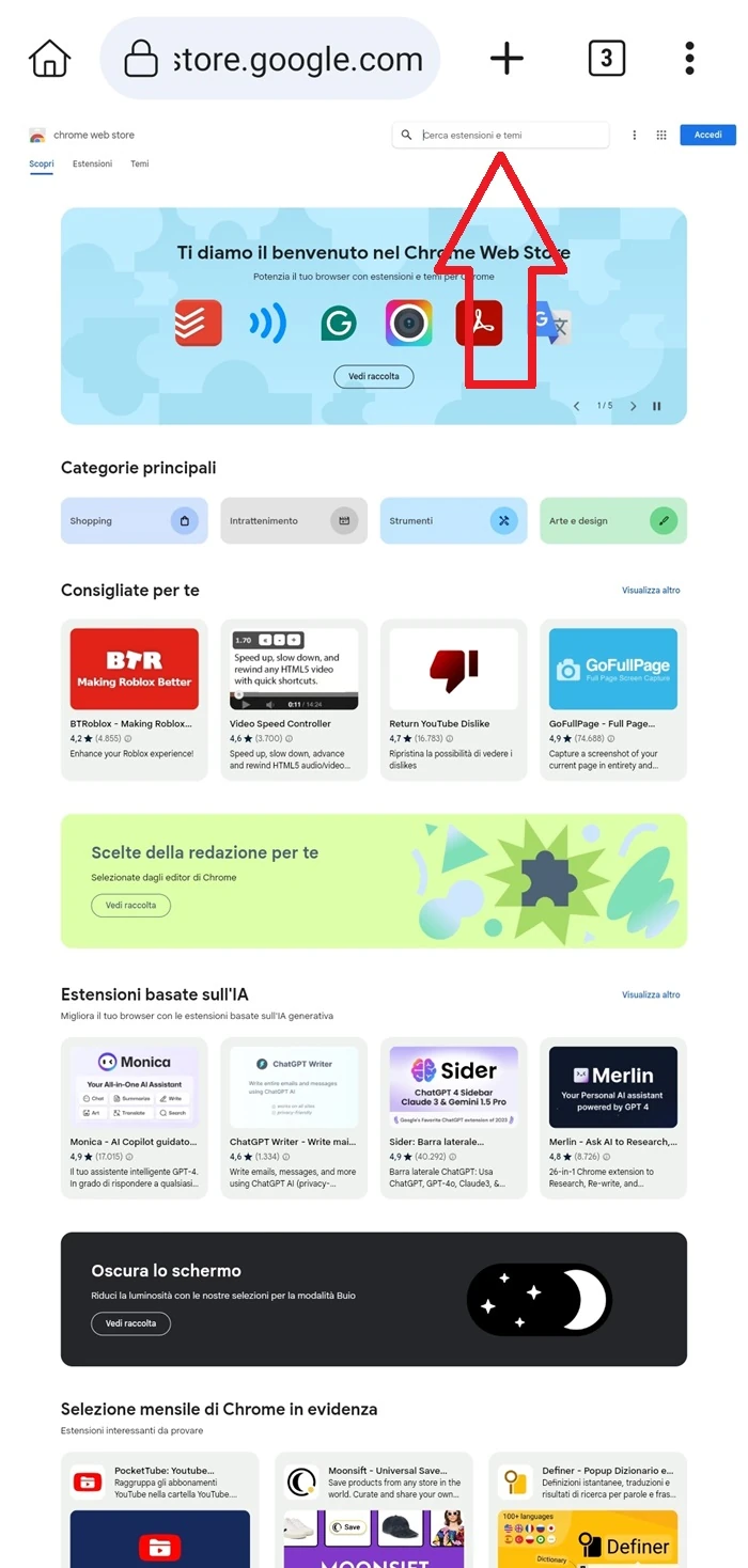 una freccia rossa indica la barra di ricerca per cercare le estensioni di chrome per il browser kiwi