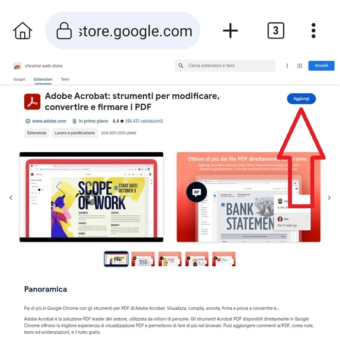 una freccia rossa indica il pulsante aggiungi per l'estensione che si vuole aggiungere a kiwi browser