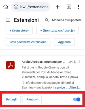dalla schermata dell'estensione, sono evidenziate con una cornice rossa le voci dettagli, rimuovi e l'interruttore