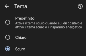 sezione tema dell'app google chrome con selezionata come opzione la voce scuro