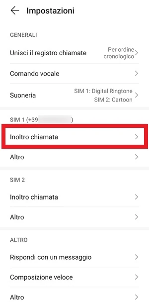 da impostazioni del dialer, la voce inoltro di chiamata è evidenziata con una cornice rossa