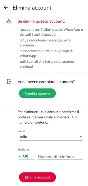 schermata elimina account di whatsapp