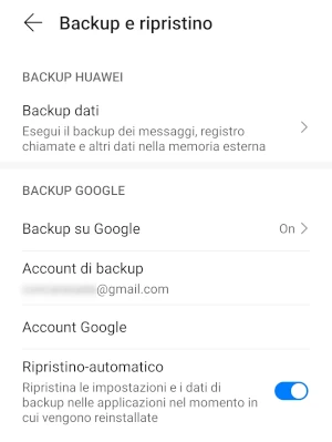 schermata backup e ripristino delle impostazioni di android