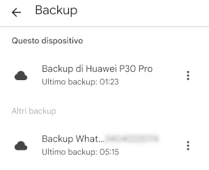 schermata backup di google drive con la lista dei backup salvati