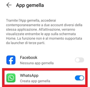 dalla sezione app gemella, whatsapp ha l'interruttore acceso e ha un interruttore acceso alla sua destra