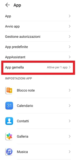 dalla sezione app delle impostazioni di android, è in evidenza la voce app gemella