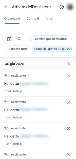 dalla schermata attività dell'assistente è visibile la cronologia e i pulsante elimina questi risultati, cancella tutto e prima del giorno