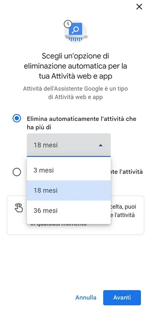 dalla pagina scegli un'opzione di eliminazione automatica per la tua attività web e app è selezionata l'opzione elimina automaticamente l'attività che ha più di